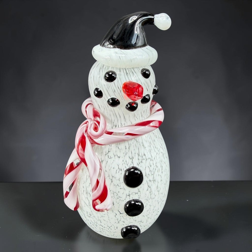 Art Glass Snowman Figurine Black Hat Red Peppermint Scarf 6 Inch Holiday Decor